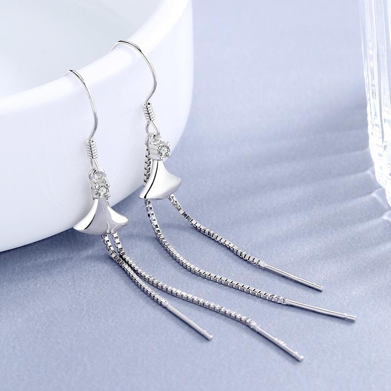 S925 Sterling Silver Small Skirt Long Tassel Earrings Women's Scallop Chain Korean-Style Elegant Earrings Fan-Shaped Earrings