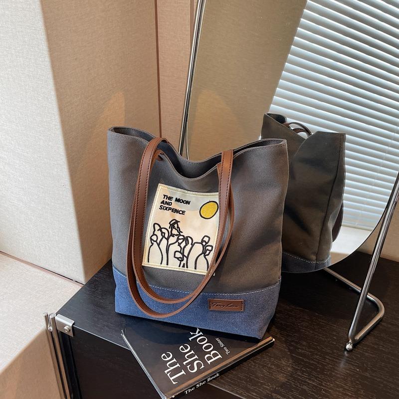 Large Capacity Canvas Bag Women's Summer New Casual Shoulder Shopping Bag Contrasting Color College Student Tote Bag