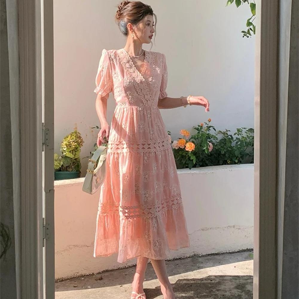 New Summer Fashionable Floral Embroidered Patchwork V-Neck Short-Sleeve Fitted Slimming Midi Dress Women's Holiday Vestidos