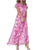Fashionable Floral Chiffon Beach Dress with V Neck Short Sleeves Ruffle Waist Cinching Long Skirt