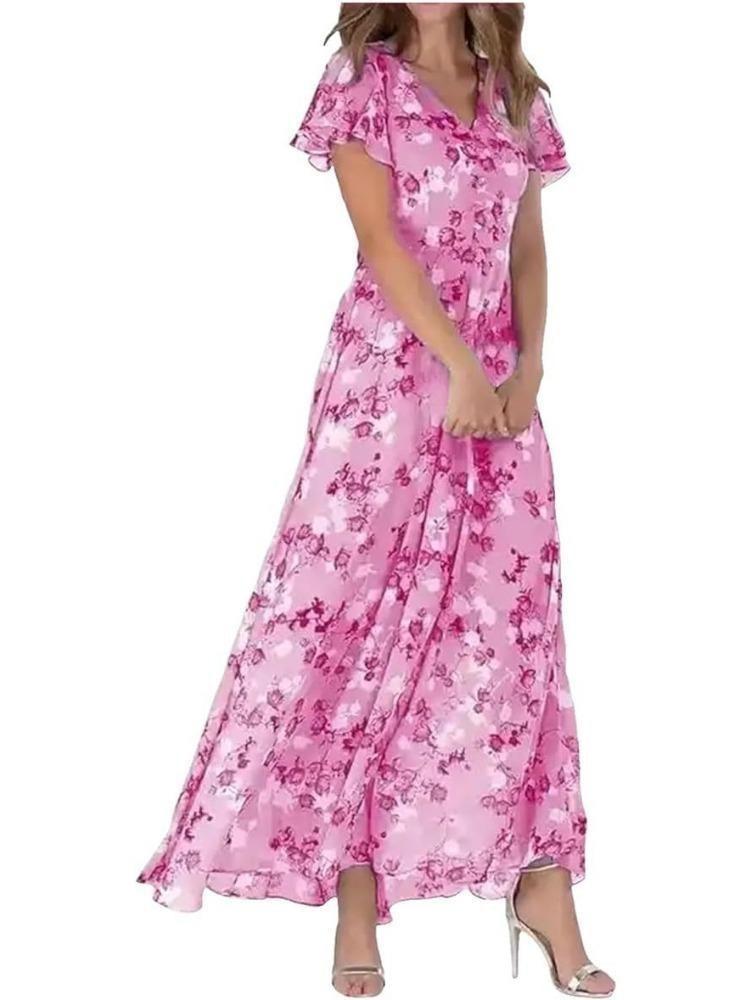Fashionable Floral Chiffon Beach Dress with V Neck Short Sleeves Ruffle Waist Cinching Long Skirt