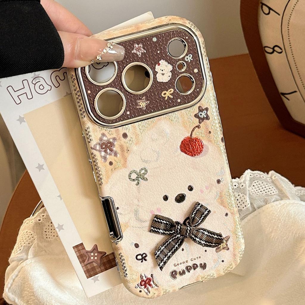 Gilded Bowknot Puppy Apple 17 Pro Max Phone Case for iPhone 16, suitable for 15 with hanging chain, 14 with leather texture, 12 set