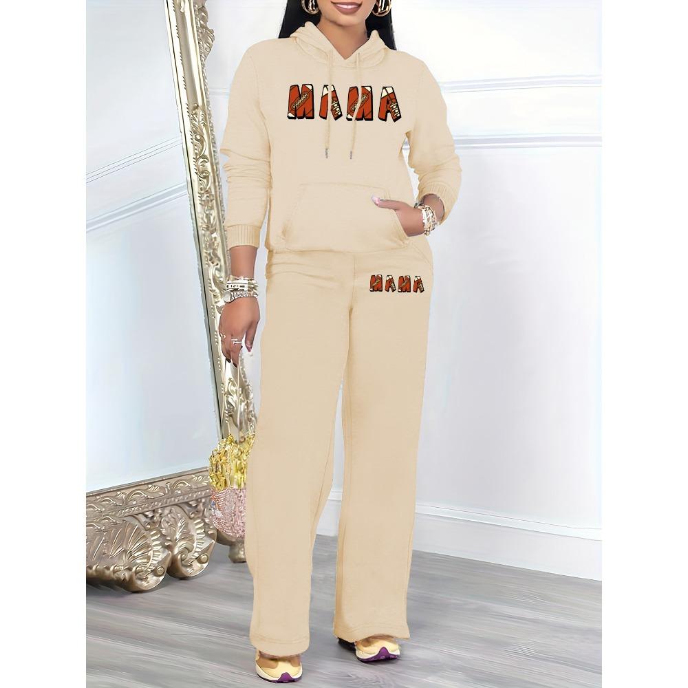 European and American Style Casual Two Piece Set, Retro Printed Hooded Sweatshirt with Matching Wide Leg Pants, Home Commuting Set