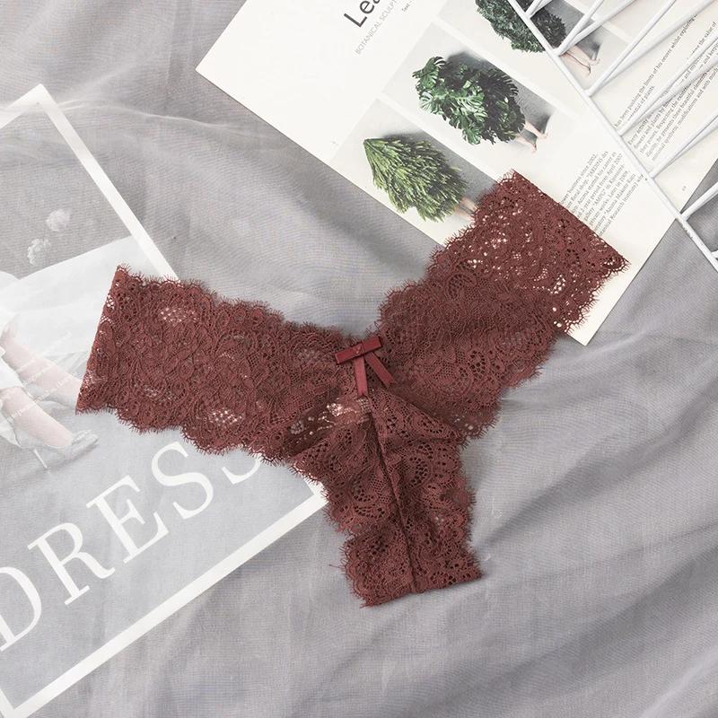 Sexy Lace Panties Women Hollow Out Bow Lingerie Low Rise G-String Female Underwear Solid Comfortable Thong Intimates Lingerie
