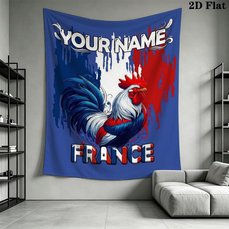 Custom Name French Rooster Wall Tapestry Aesthetic Wall Hanging Printed Fabric Blanket Decorative Tapestries for Bedroom Living Room Home Decor