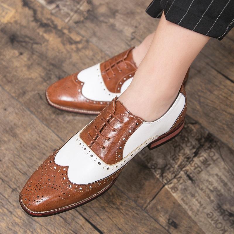New Luxury Designer Men's Pointed Black With White Patchwork Dress Oxford Shoes Moccasins Wedding Prom Sapato Social Masculino