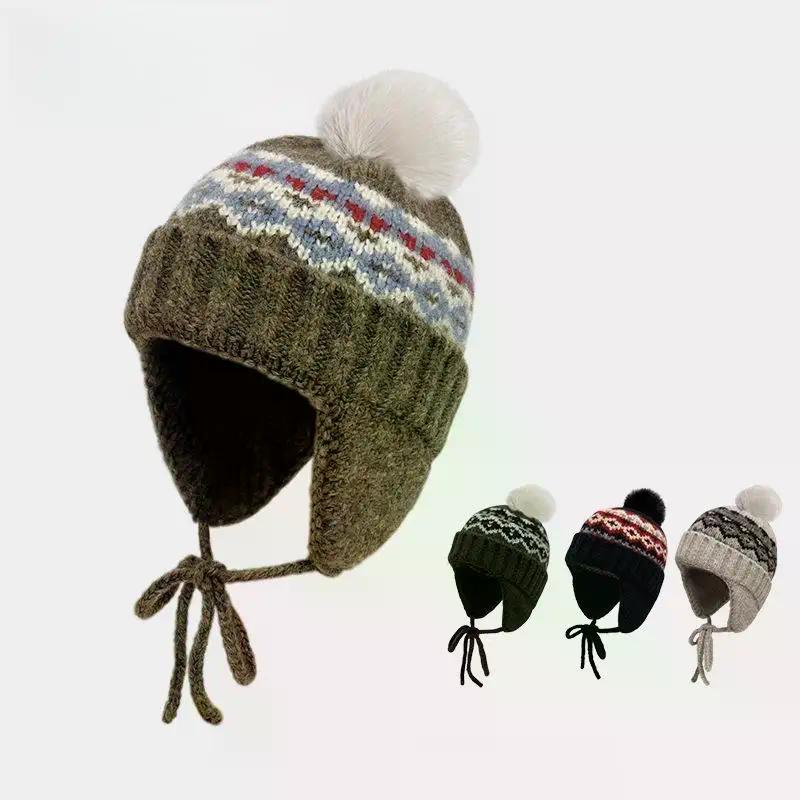 Fair Island Style Retro Jacquard Knitted Beanies Cap For Women Autumn Winter Warm Versatile Cute Pom-pom Ear Protection Hat