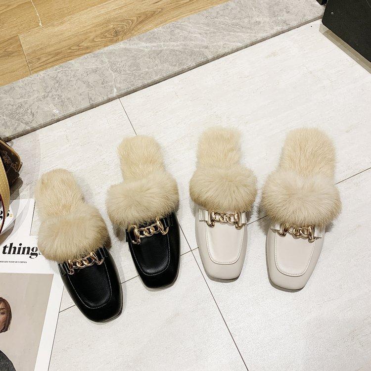 Mao Mao Hausschuhe Damen tragen Muller Faulschuhe im Herbst und Winter dicke Absätze Ankleidezimmer Tasche Kopf und Fleece Halbschuhe