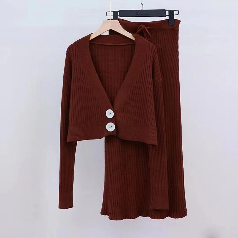 2026 Autumn/Winter European & American V-Neck Knit Cardigan with Two-Button Closure and Long Bodycon Skirt Two-Piece Set