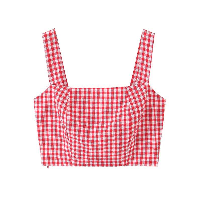 

Za Sexy Pattern Square Collar Navel Vest Short Top + Versatile Slimming Button Decorative Short Culottes Red Gingham Tops L