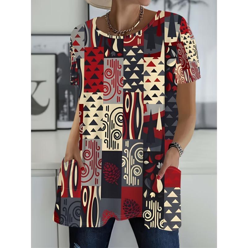 Women's Bohemian Ethnic T-Shirt Full-Body Print Short Sleeve Blouse Suitable for Summer, Round Neck Casual Top