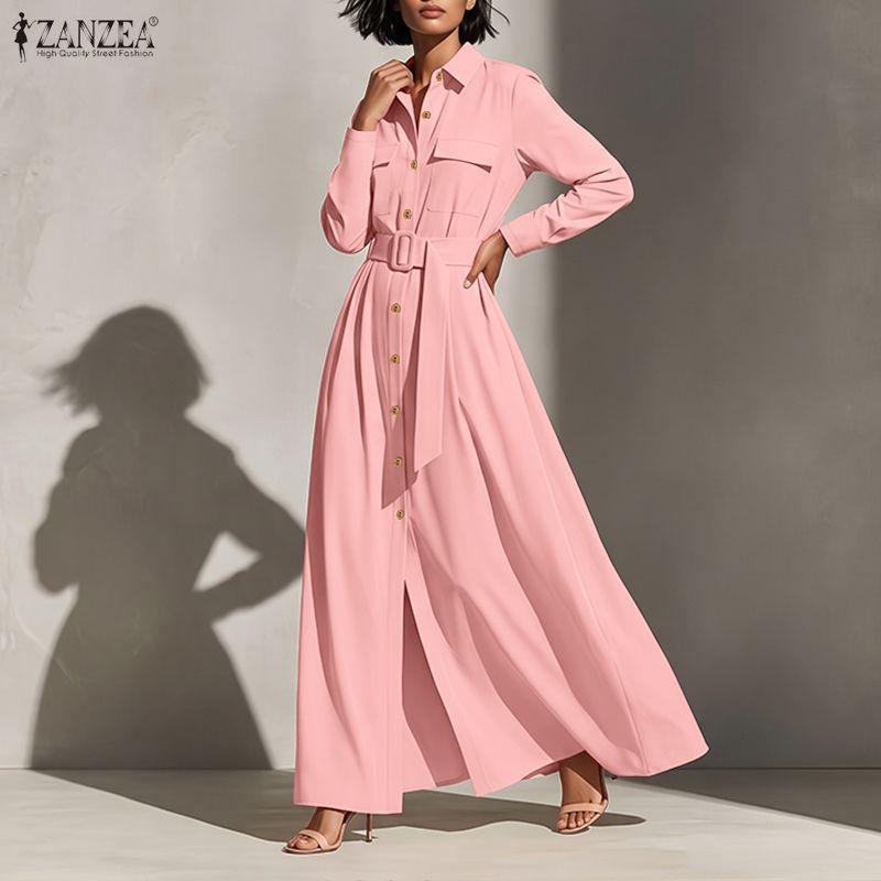 ZANZEA Women Formal Casual Turn Down Collar Long Sleeve Loose Long Shirt Dress