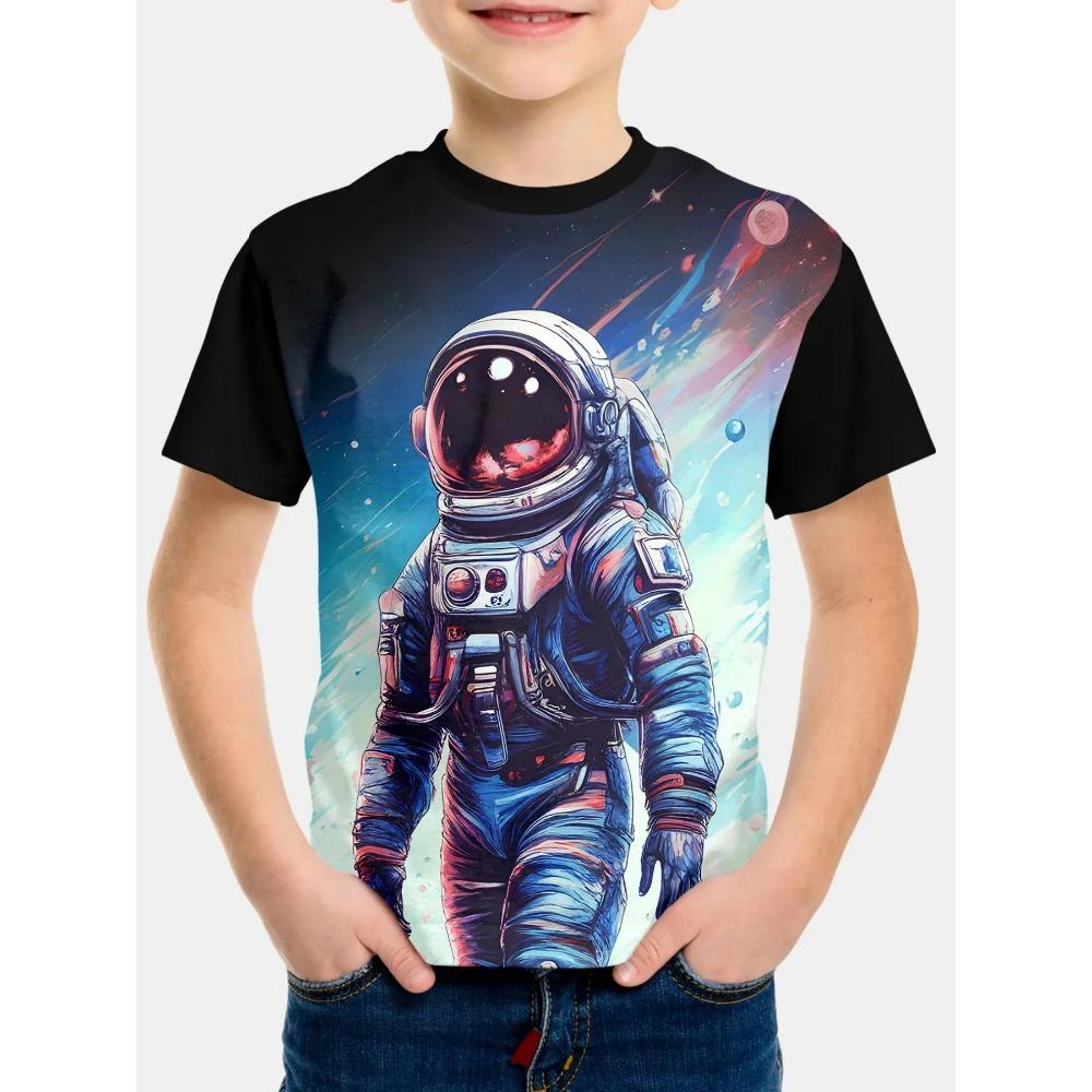 Fashionable Space Cartoon Pattern 3D Printed Boy Round Neck Short Sleeved T-shirt