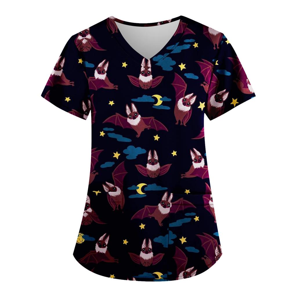 Women's Fashion V-neck Short Sleeve Workwear With Pockets Halloween Printed Tops