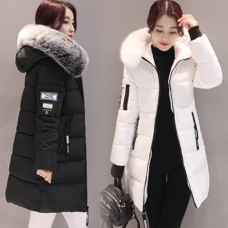 Women Winter Outwear Korean Big Fur Collar Down Cotton Parka Women Slim Mid-Long Fashion Overcoat Warm Thick Wadded Jacket Coat