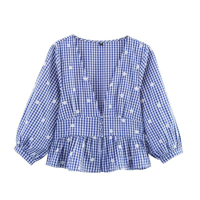

Kaslead New Women clothes Western Style Fashion Loose Embroidery Small Plaid Top 3564052 Blue L