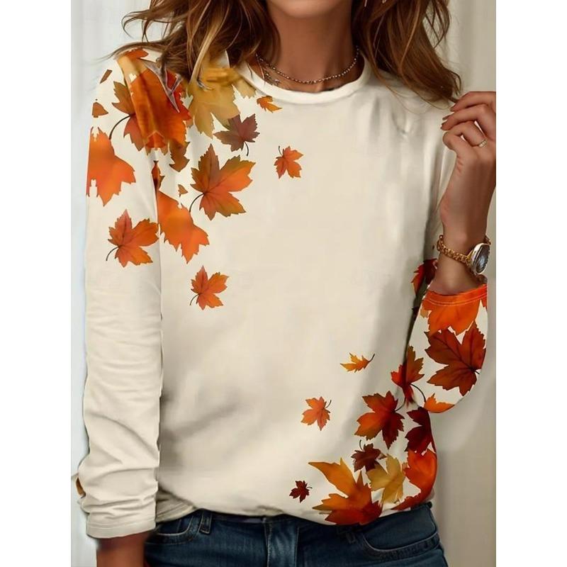 Camiseta de Manga Larga con Cuello Redondo y Estampado de Hojas para Mujer, Top Casual de Moda, Ropa Jersey