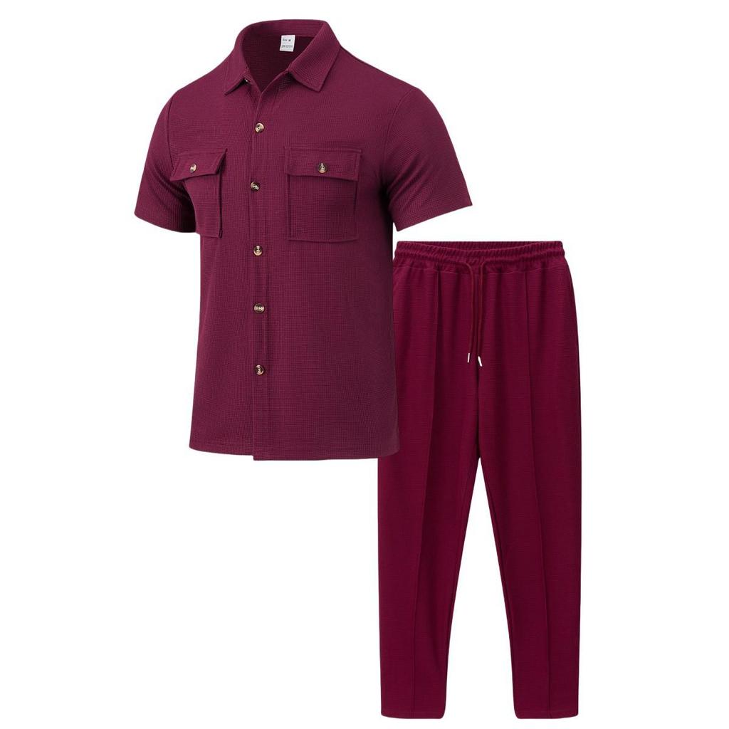 Men's Solid Color Button Pocket Short Sleeve Shirt and Long Pants Two-Piece Set - Summer 2025 Collection