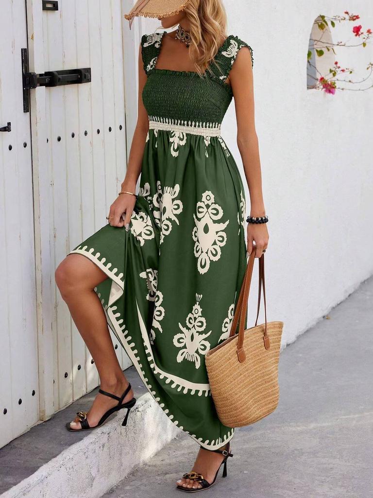 Women's Square Neck Sleeveless Maxi Dress Loose Fit High Waist Gentle Floral Print Summer Beach Vacation Flowy Boho Sundress