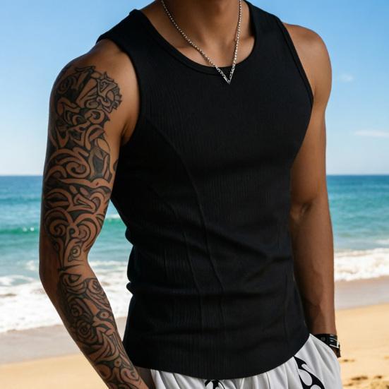 Canotta Estiva da Uomo a Coste Scollo a O Senza Maniche Camicia Traspirante Monocolore Vestibilità Slim Elasticizzata Casual Palestra Sportiva T-shirt