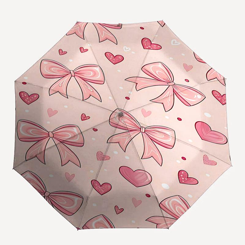Pink Bow and Heart Patterned Automatic Opening Folding Umbrella with 8 Bone Iron Frame,Suitable for Fans,Travelers,Daily Use,and Festive