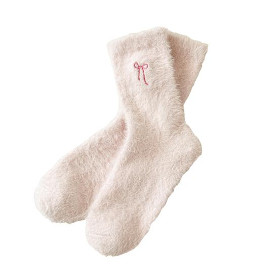 Women Fuzzy Socks Cute Embroidered Bow Knot Thick Socks Fluffy Warm Cozy Socks for Girls Winter Home Indoor Lounging Sleeping