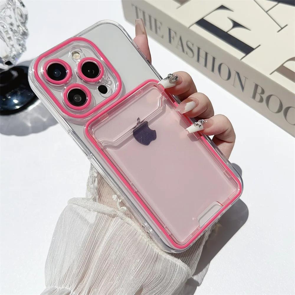 Card Holder Transparent Case for iPhone 15 14 13 16 17 Pro Max Air Plus 11 12 Double Color Wallet Soft Shockproof Cover