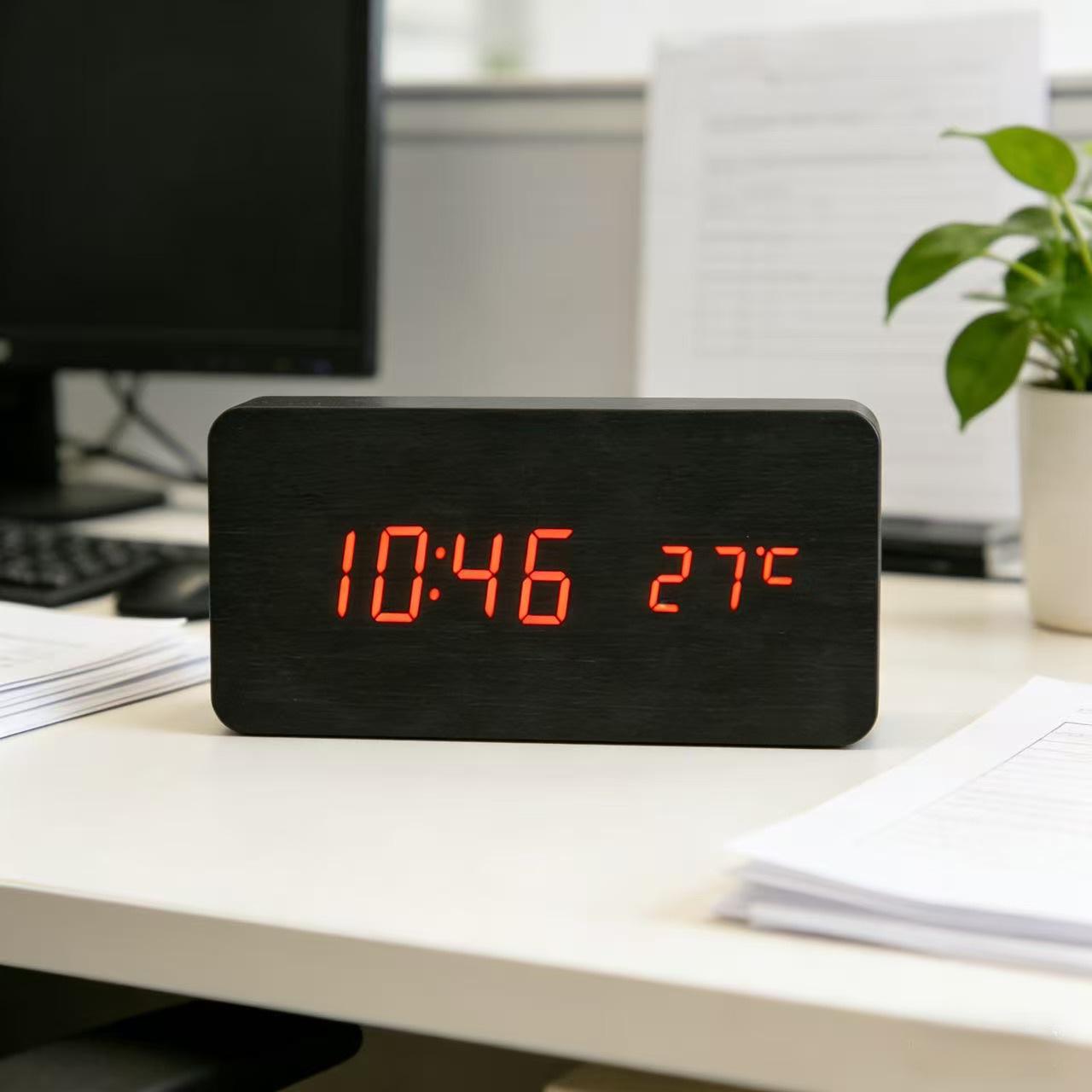 Светодиодный деревянный цифровой будильник с голосовым управлением и термометром