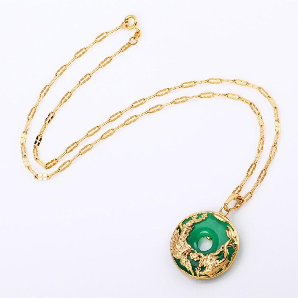 Elegant Gold Plated Green Chalcedony Pendant Necklace Women Laos Dragon Phoenix Jewelry