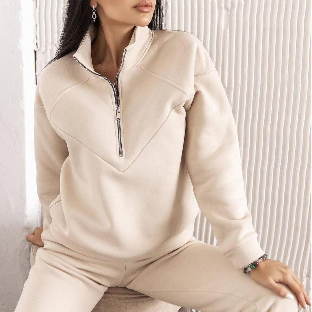 Женский однотонный длинный рукав воротник-стойка толстовка костюм осень зима свободный — фото 3