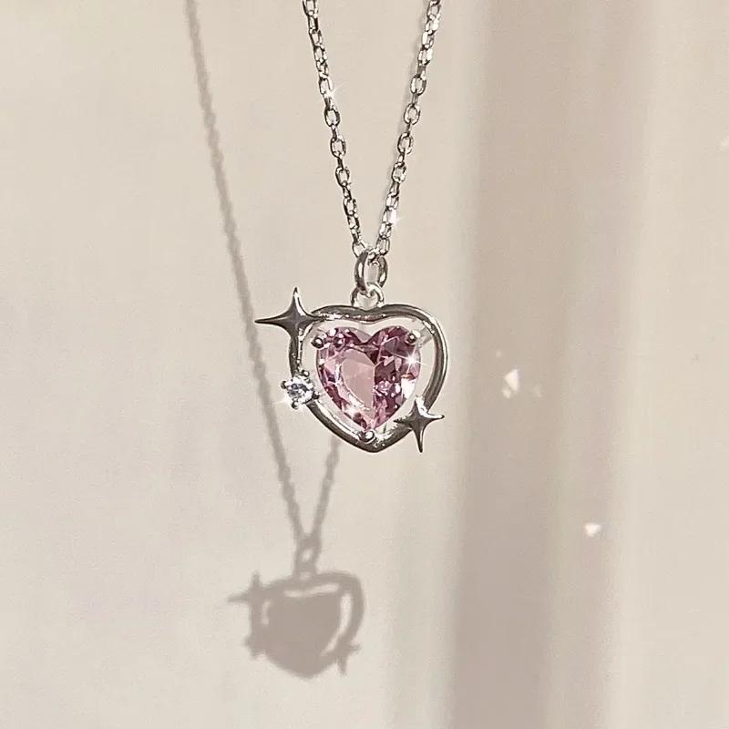 

Personality Vintage Pink Heart Crystal Pendant Necklace for Women Girl Hip Hop Rock Cross Party Collar Zircon Accessories Gift
