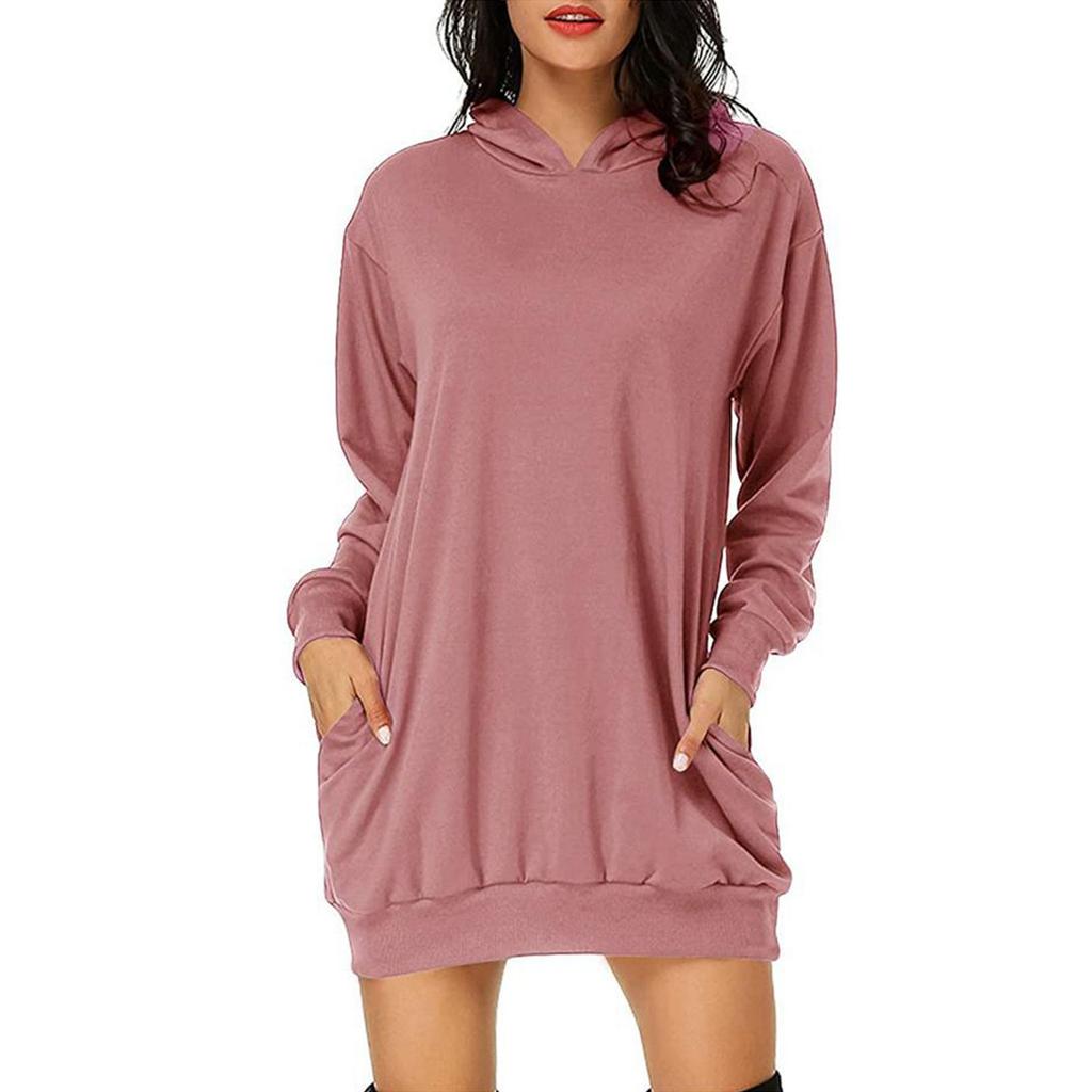 Women's Long-sleeved Pocket Pullover Hoodie Dress Waist Sweatshirt Solid Tops