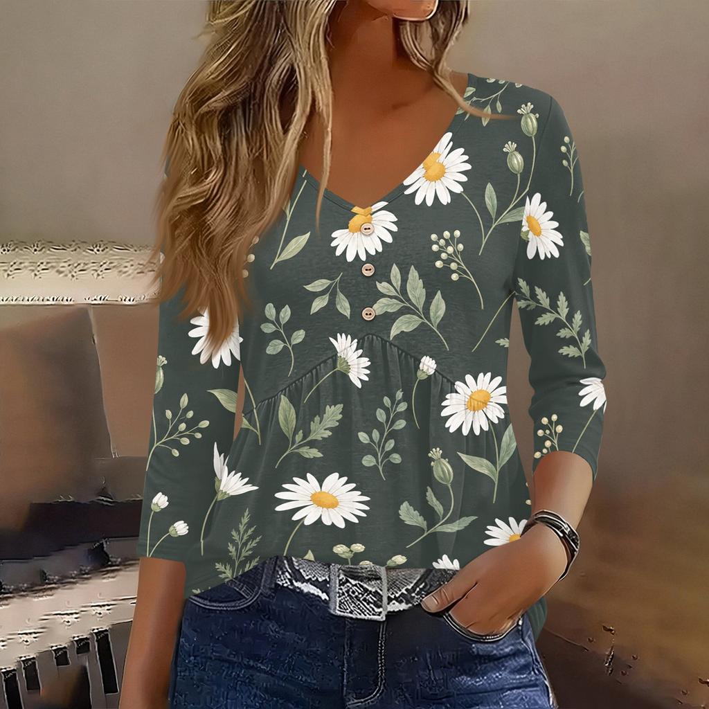 Womens 3/4 Sleeve V Neck Button Detail Floral Print Tunic Top Casual Lightweight Blouse for Daily Wear