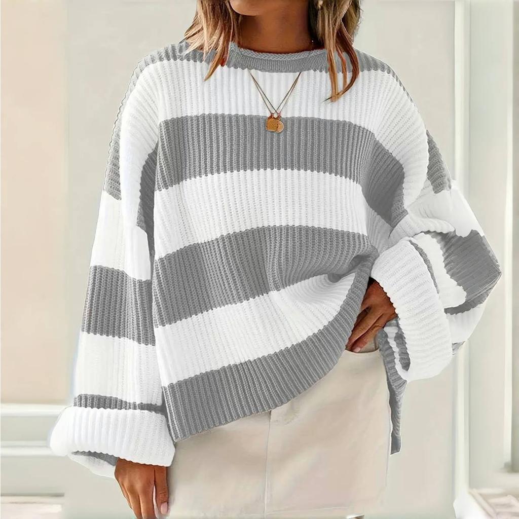 2KWEIRD Rundhals Langarm Gestreifter Pullover für Damen Mode Glockenärmel Locker Gestrickte Pullover Y2k Preppy-Stil