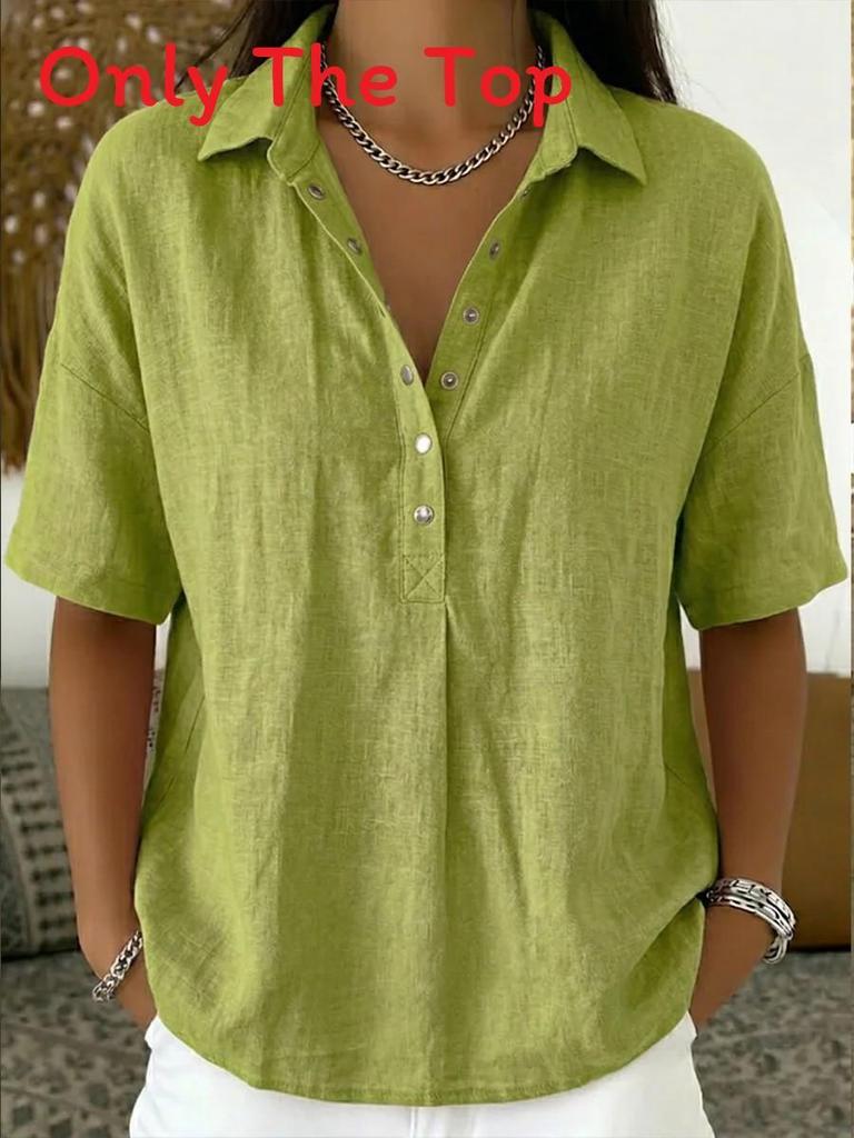 Casual Linen Shirt For Women With Turndown Collar And Short Sleeves For Summer Comfort