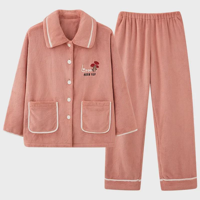 "Chunbaifen Women's Thick Coral Fleece Pajamas - Autumn/Winter Large Size Flannel Sleepwear for Middle-Aged and Elderly"