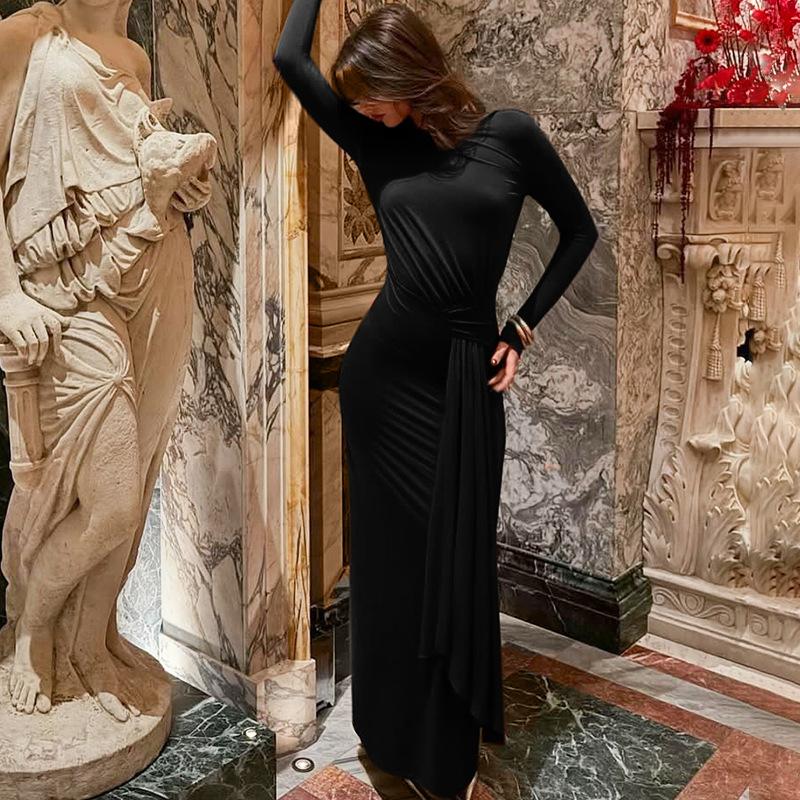 Solid Color Round Neck Long Sleeve High Waist Slim Fit Women Elegant Party Dress