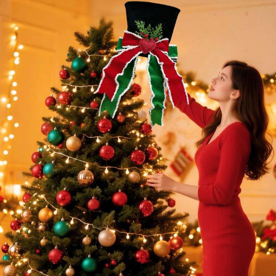 Christmas Tree Topper Whimsical Bow Hat Decoration Check Bows Xmas Ornament Winter Holidays Home Decor Fits Most Trees Festive Gift