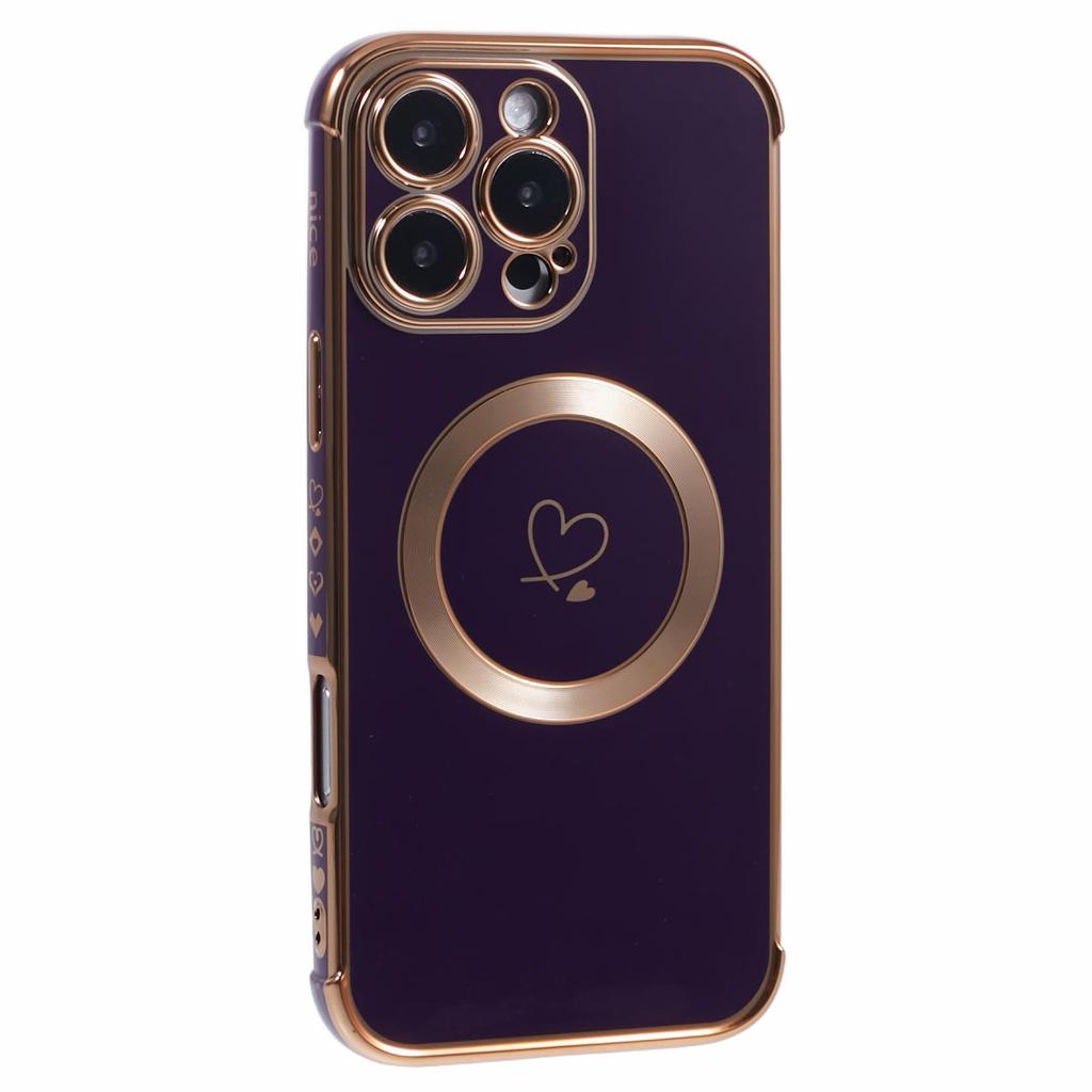 For iPhone 16 Pro Max Case Compatible with MagSafe Electroplated Love Hearts TPU Phone Cover with Chain Strap