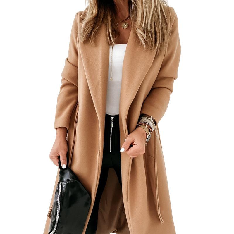 Women's Classic Coat Lapel Collar Open Front Belted Long Jacket Elegant Long Trench Coat – Belted Lapel Collar Overcoat