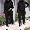 Fashion Womens Long Sleeve Hole Pocket Hoodies Drawstring Pants Loose Tops Set