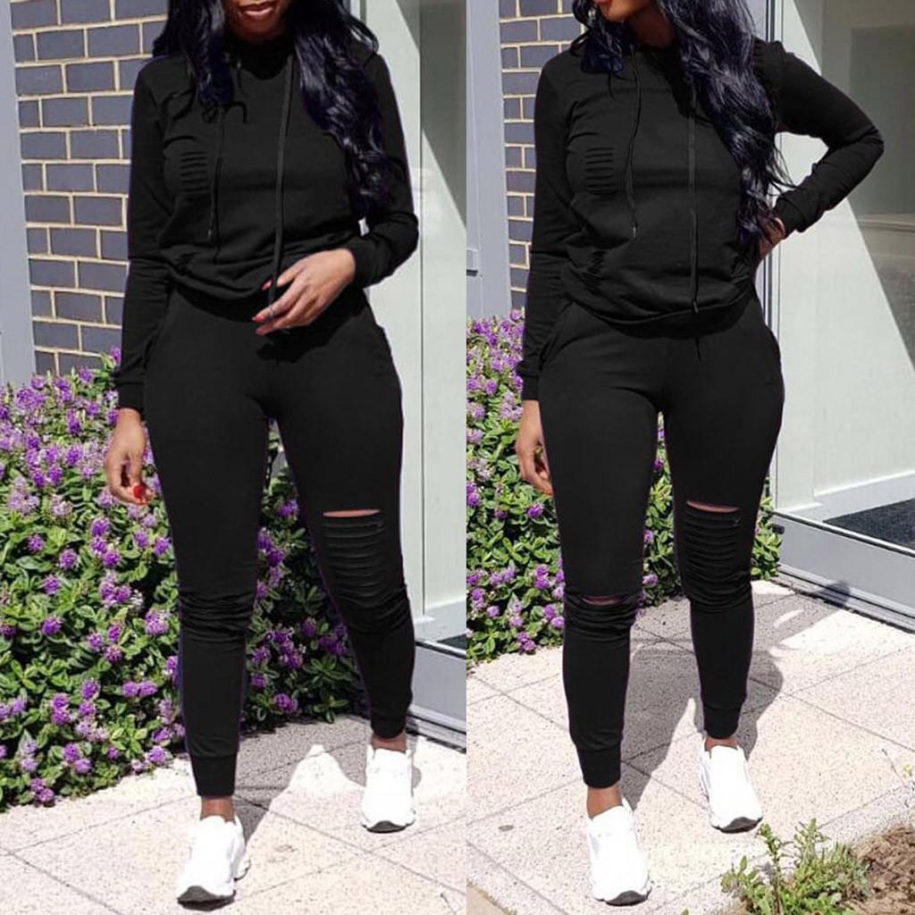 Fashion Womens Long Sleeve Hole Pocket Hoodies Drawstring Pants Loose Tops Set