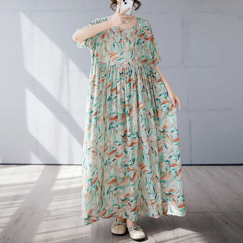 Women's Simple and Fashionable Long Skirt, Short Sleeved Round Neck Printed Dress