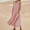 Summer Sleeveless Pocket Dress Cotton Linen Blend European American Style 19 Colors