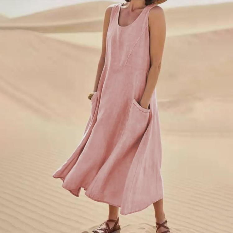 Summer Sleeveless Pocket Dress Cotton Linen Blend European American Style 19 Colors