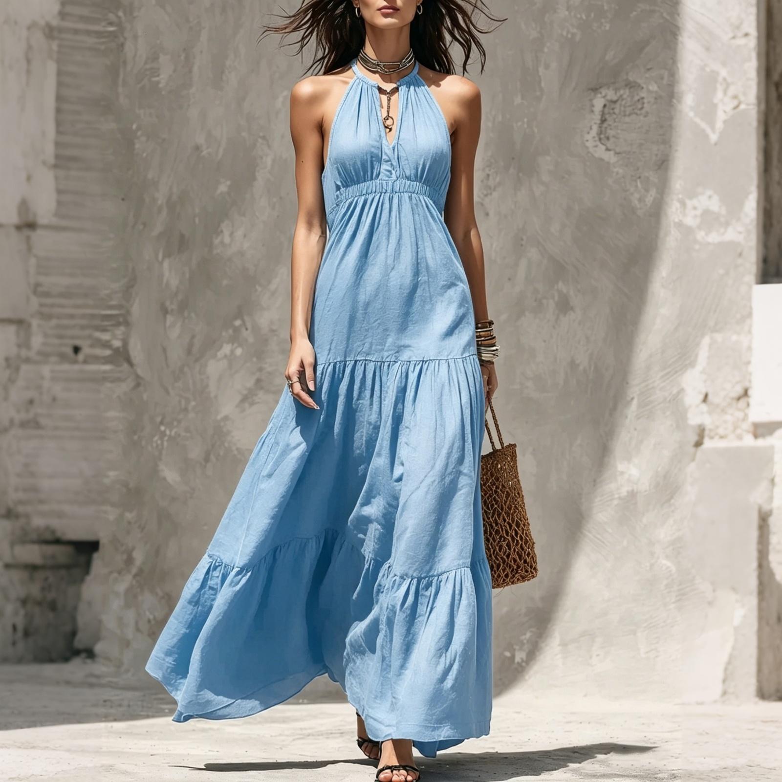 Women V Neck Waist Cinched Maxi Dress Sleeveless Tiered Ruffle Hem Casual Holiday Long Dress M