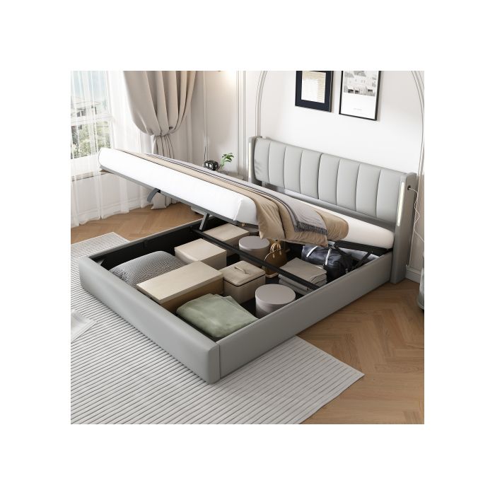 Lit capitonné - Binaural LED - 180 x 200 cm - Tête de lit réglable - Matériau PU gris