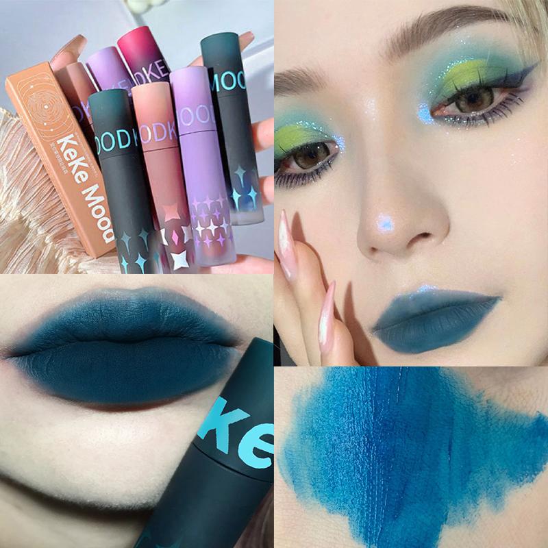 Gotischer Mattes Schwarzes Lippenstift Wasserdicht Langanhaltendes Mousse Lippen Schlamm Nude Braun Lippenstift Blau Punk Lippen Glanz Make-up Dunkelroter Lippen Tönung