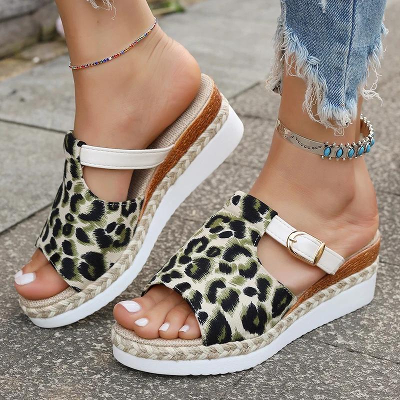 Fashion Fashion Leopard Print Wedge Sandals for Women Buckle Strap Slip On Platform Sandles Woman Summer Comfort Thick Sole Beach Shoes