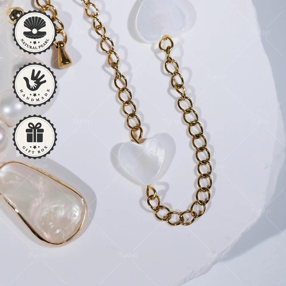 MYSOYA Freshwater Pearl Necklace with Shell Pendant - 7-8mm White Pearls (C552) 14in